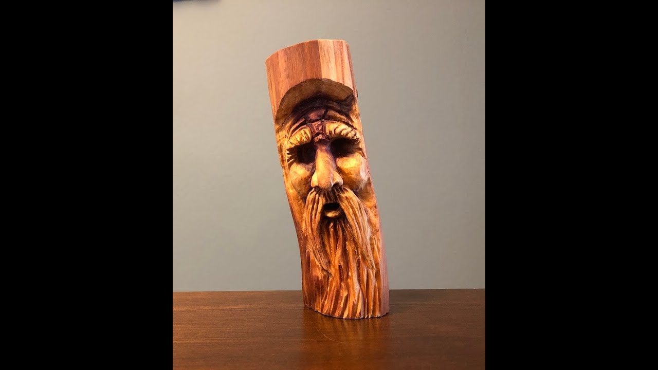 Wood spirit power carving old man face using Foredom and Dremel