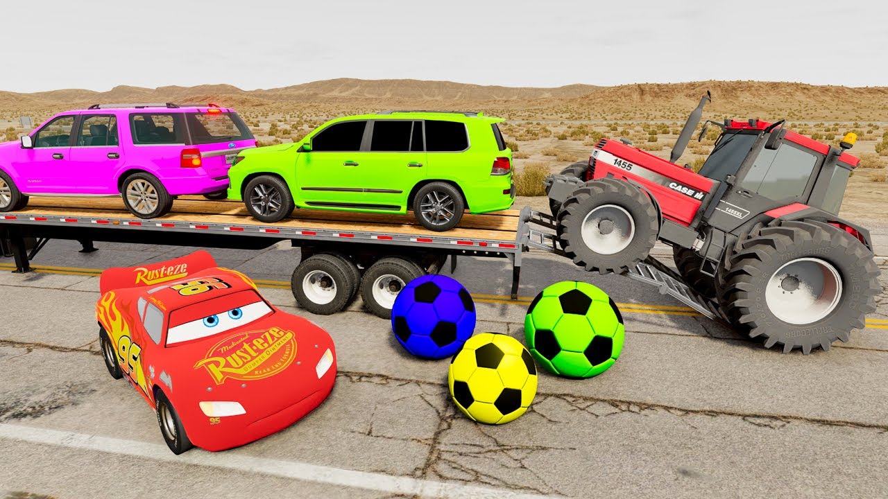 TRANSPORTING PIXAR CARS & FRUITS WITH COLORED & JOHN DEERE vs CLAAS vs TRACTORS - BeamNG.drive #983