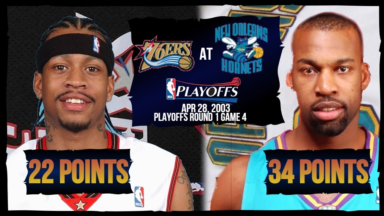 NBA Duel: Allen Iverson (22 pts) vs Baron Davis (34 pts) - 76ers at Hornets - 2003 Playoffs R1 G4