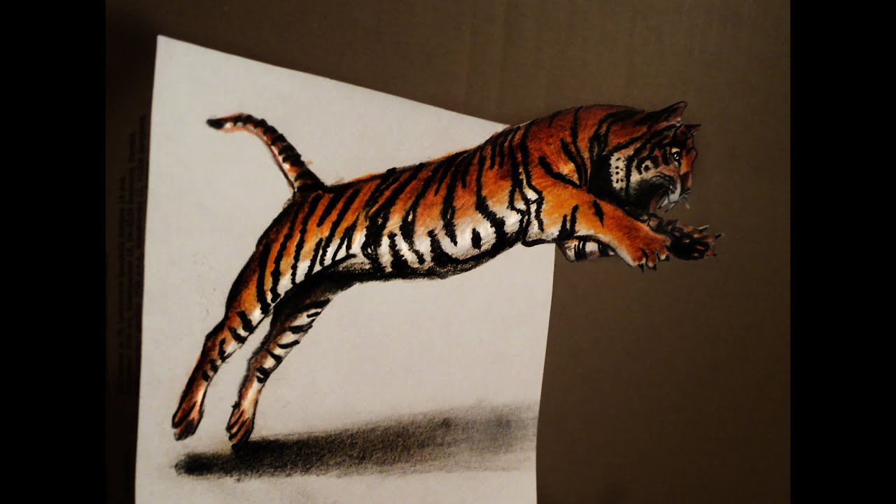 Draw 3d jumping tiger - Anamorphic Drawing - Optical illusion