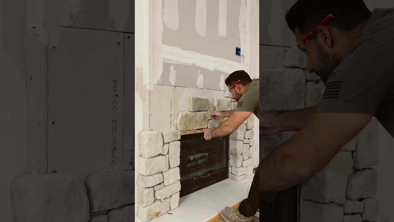 One minute fireplace remodel 😎 #construction #diy #stone #Renovation #Subscribe ￼#Contractor