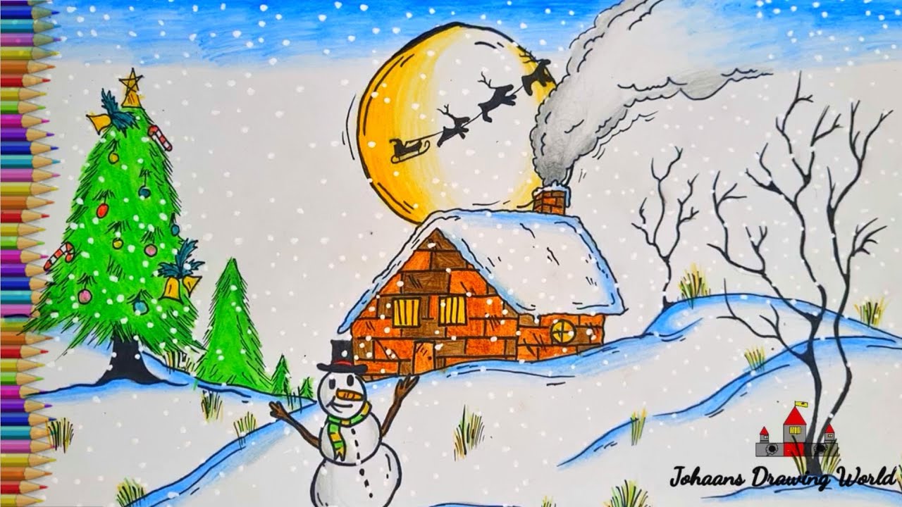 A Snow Day Christmas is coming | Christmas scenery drawing step by step...