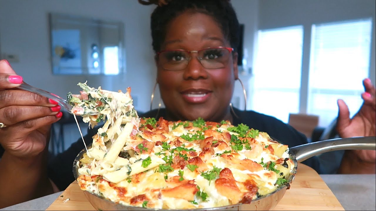 SMOKED SALMON BACON ALFREDO PASTA with SPINACH TOMATO AND GARLIC COOKING AND EATING