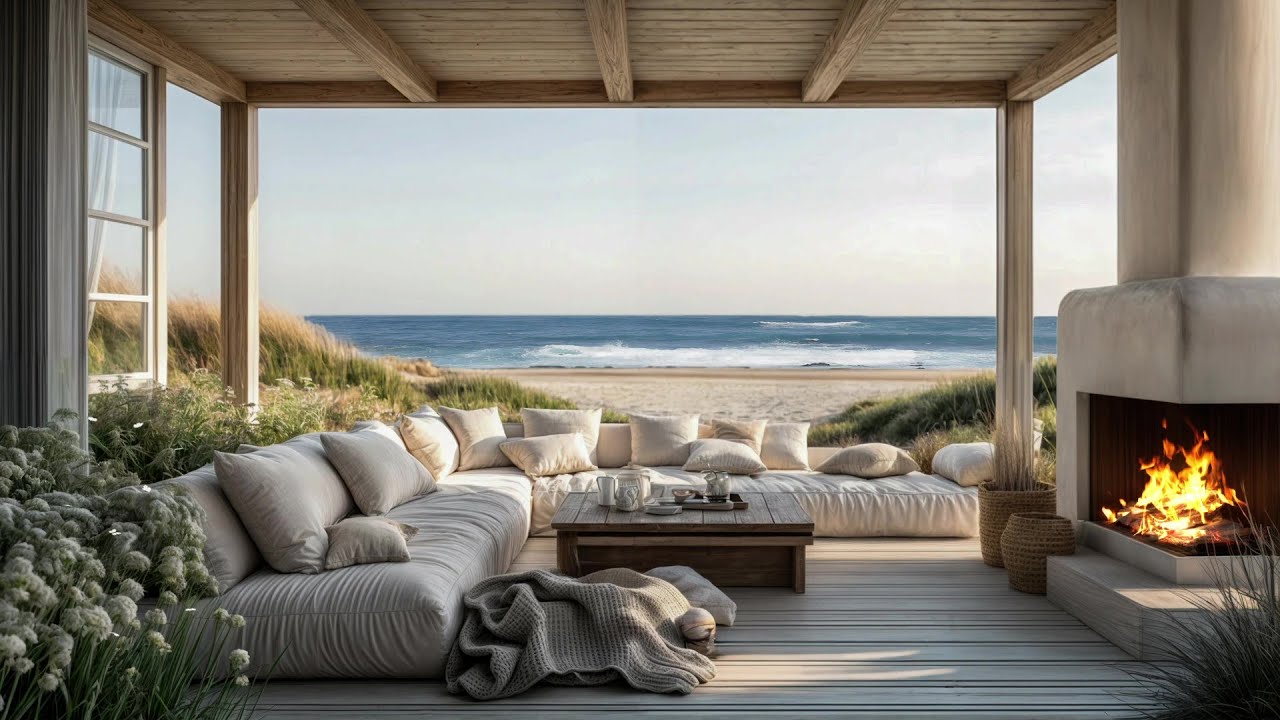 Seaside Cottage Fireplace Ambience 🌊🔥 | Calm Ocean Sounds for Relaxation & Focus