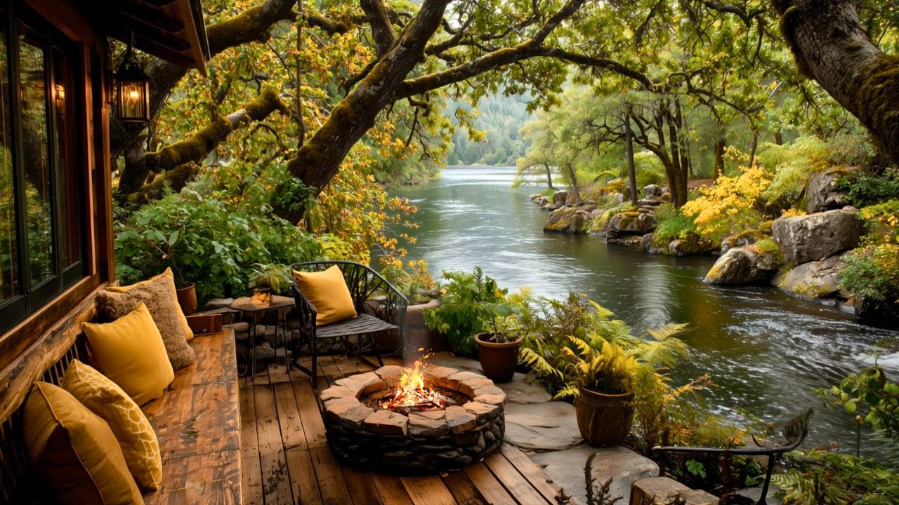 Nature Summer Riverside Porch Ambience | Cozy Cabin Firepit & Calming Birds Songs