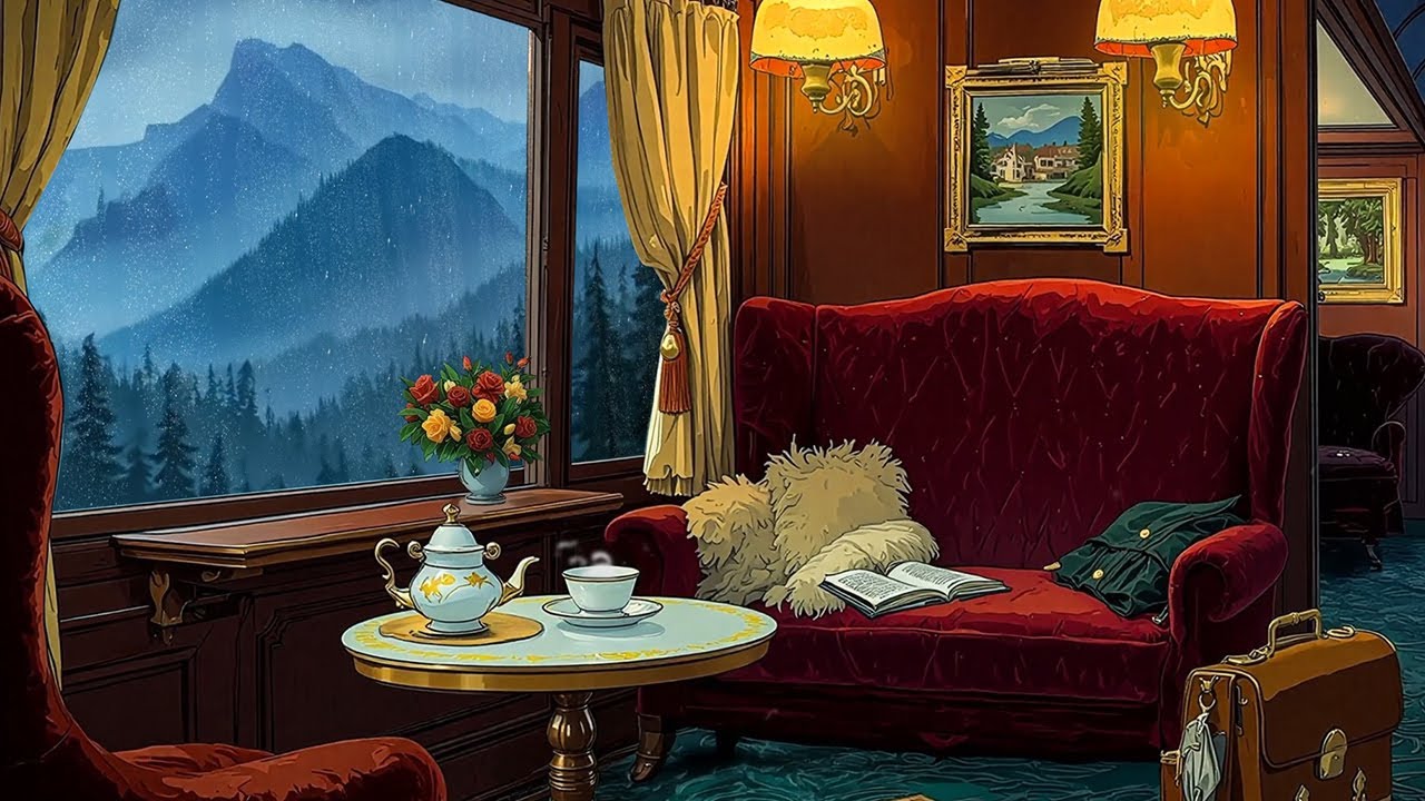 Vintage Train on Rainy Night with 1930s Soft Oldies Playing in Another Room (Rain Ambience Sounds)