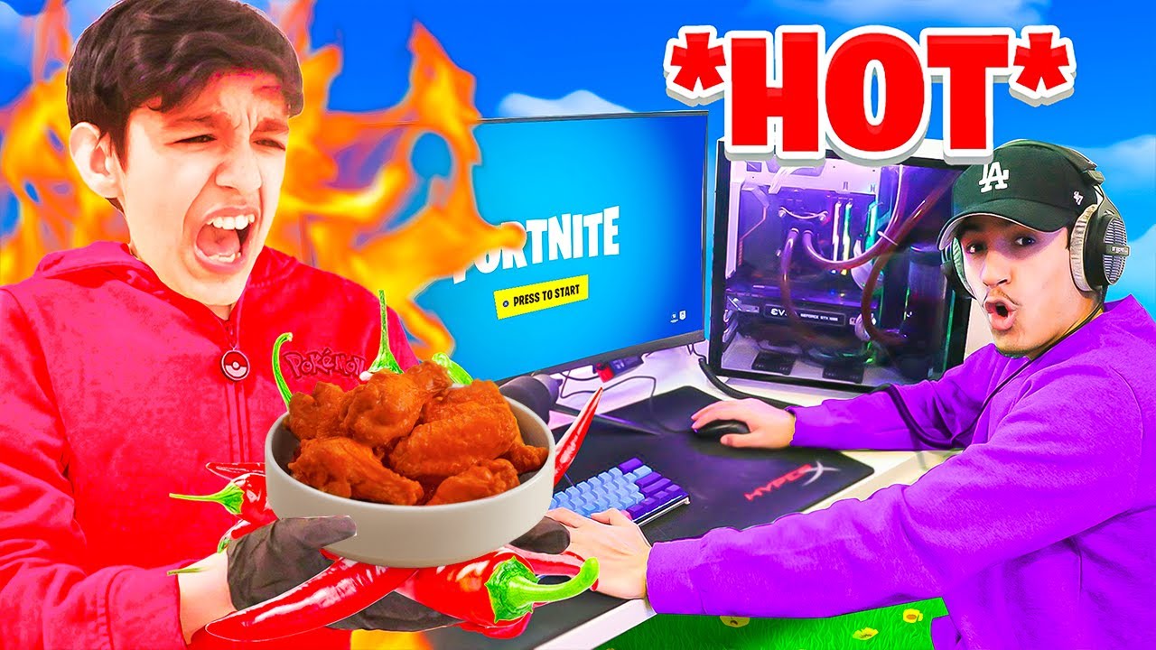 Little Brother Eats Spicy Wing For Every Elimination In Fortnite Challenge! (Carolina Reaper)
