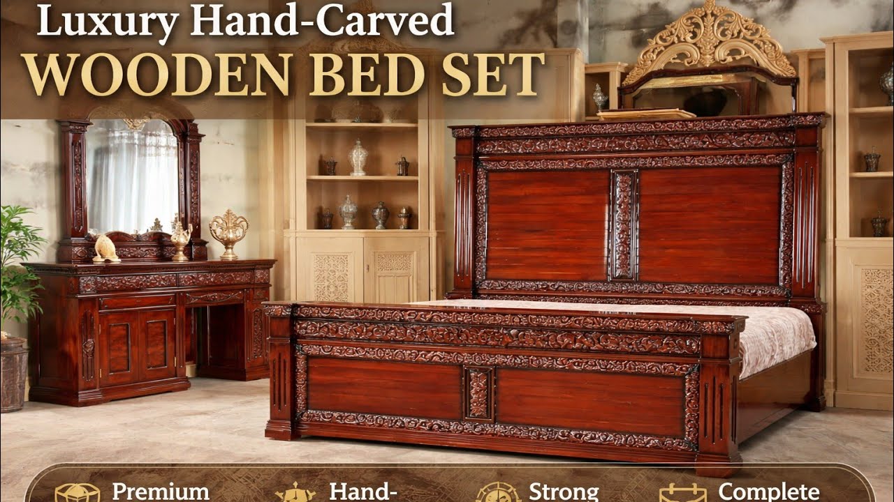 Luxury Hand-Carved Wooden Bed Set with Dressing Table & Showcase | Premium Classic Furniture