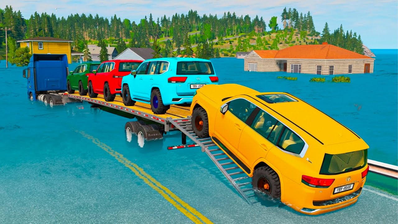 Triple Flatbed Trailer McQueen Transportation with Truck - Speedbumps vs Cars vs Train - BeamNG #003
