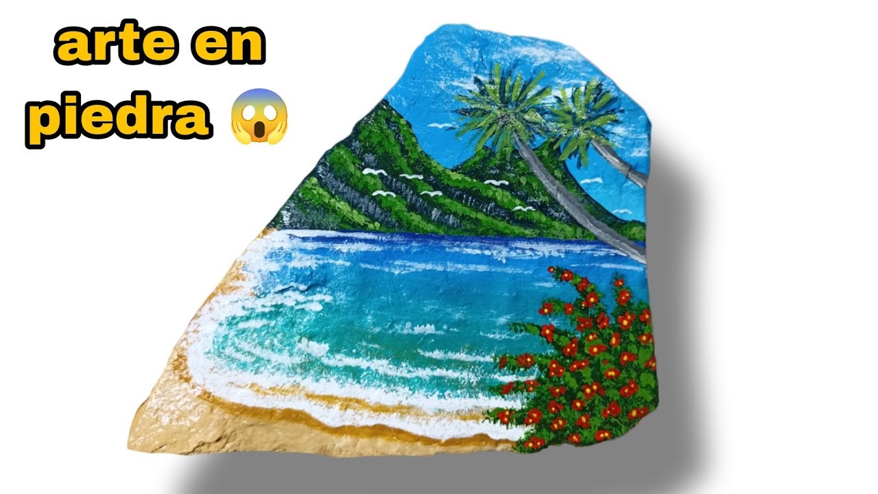 Pinté una playa 🏖️ sobre una piedra 😱 con pinturas acrílicas #art#painting#arte#canvas #piedra#love