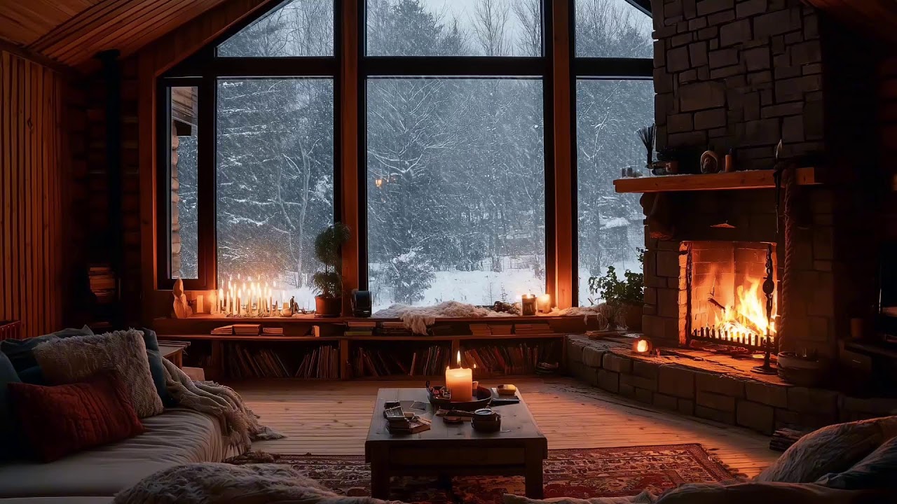 Smooth Jazz | Deep Peace in a Winter Cabin with Falling Snow and Warm Fireplace