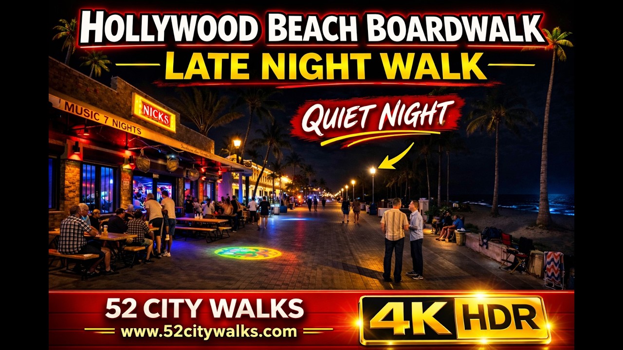 Hollywood Beach Boardwalk Late Night Walk 🌙 | Quiet Night Walk Past Bars & Beachfront Florida 4K HDR