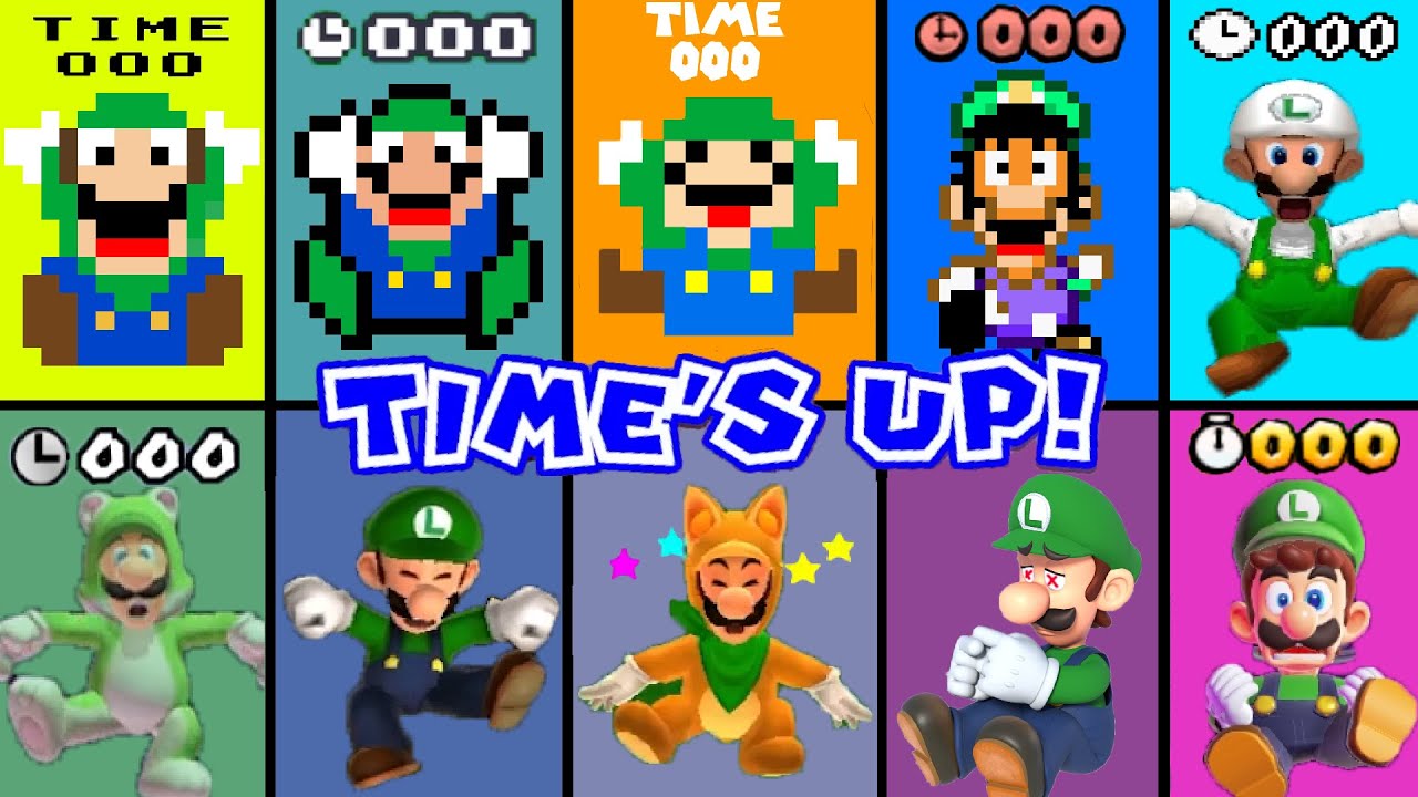 Evolution of Super Luigi Dying time's up, losing in Super Mario Games (1985-2024)