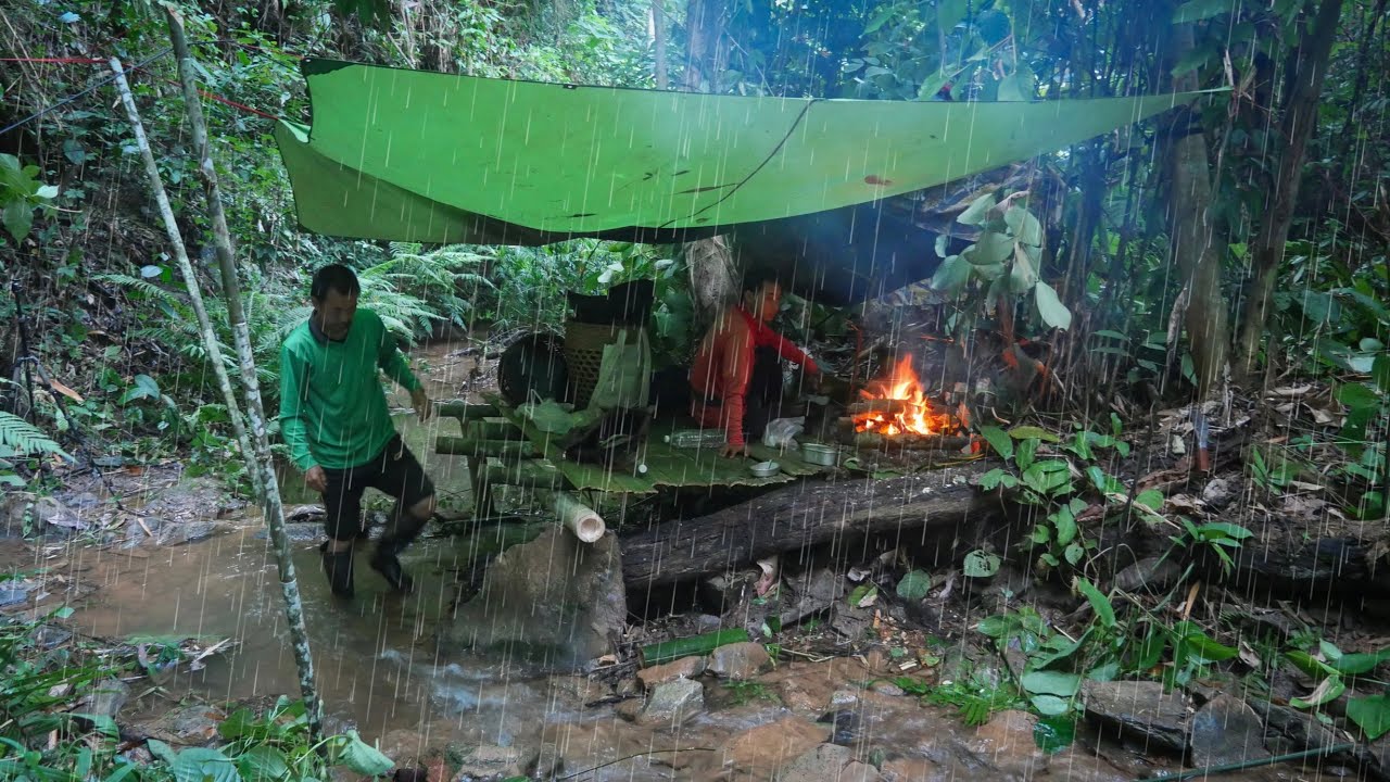 นอนป่าลึก50% สร้างที่นอนจากไผ่หก กินยำหัวปลีป่า โชคดีที่ฝนตกเบานอนฟังเสียงน้ำหลับสบาย [วรวิช]