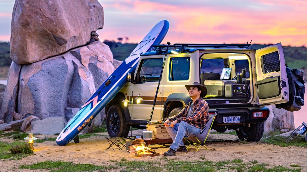 Одиночный кемпинг у озера в Австралии и ночёвка в Jimny, доска SUP, ASMR, BLUETTI Elite 100v2