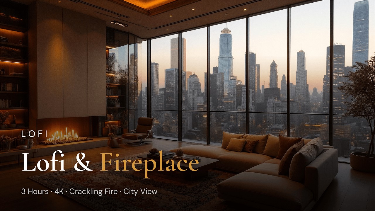 Lofi & Fireplace 🎧🔥 Cozy City Penthouse with Skyline View at Sunset | Chill Beats 4K