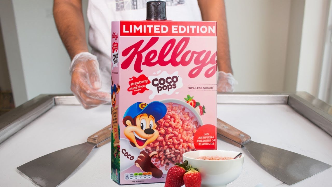 Strawberry Cereal Ice Cream Rolls | Making Coco Pops Ice Cream Food ASMR