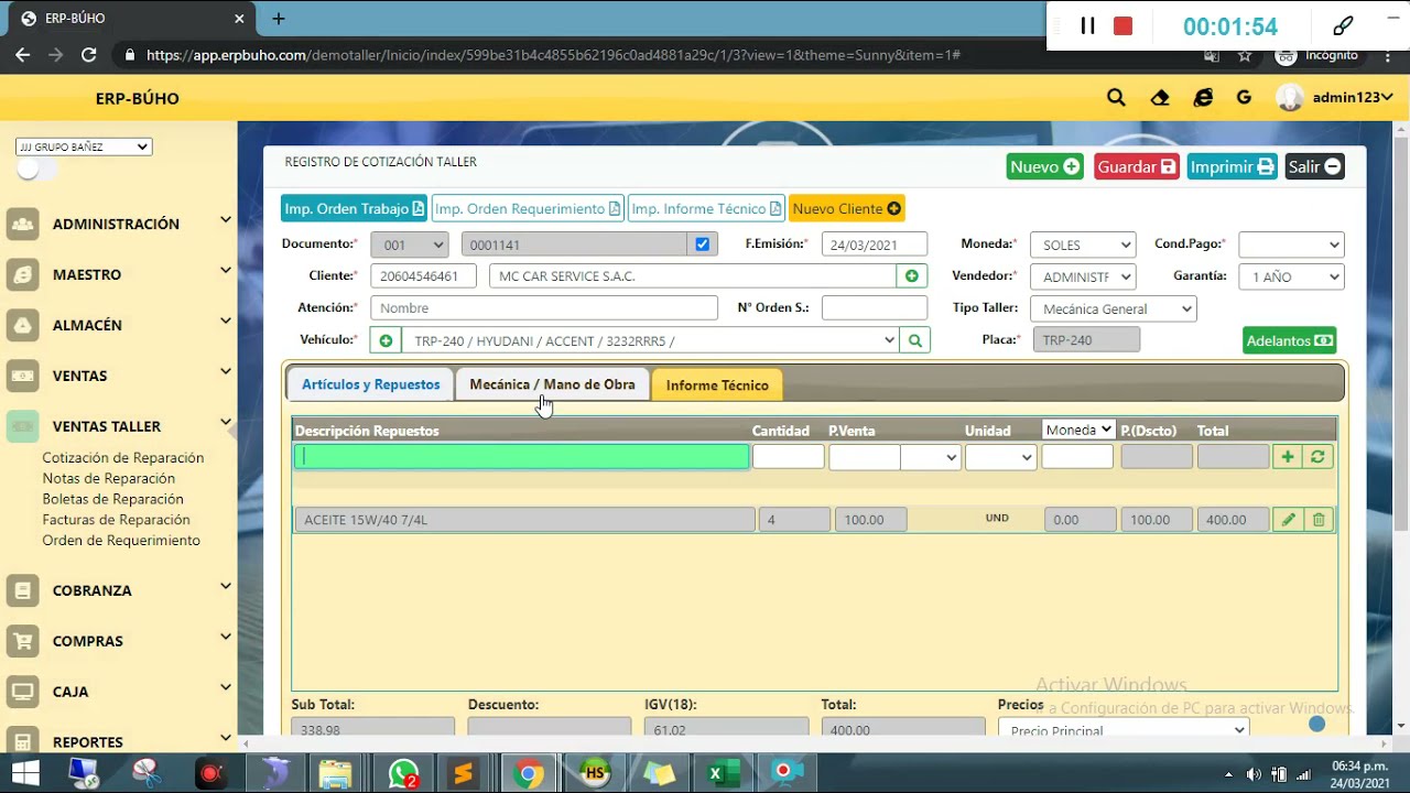 Sistema Taller Automotriz con Cotizaci&oacute;n y Facturaci&oacute;n | BUHO SOFTWARE Versi&oacute;n UBL 2.1