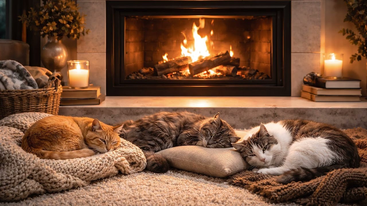 Ambient TV 4K HD - Fireplace fire - Cats Zen Ambiance TV 4K HD - Feu cheminée - Chats dorment-Zen 