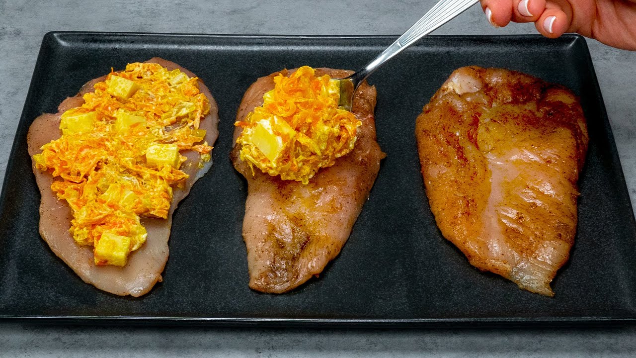 Fylld kycklingfilé med smakrik fyllning av morot, lök, crème fraiche och ost