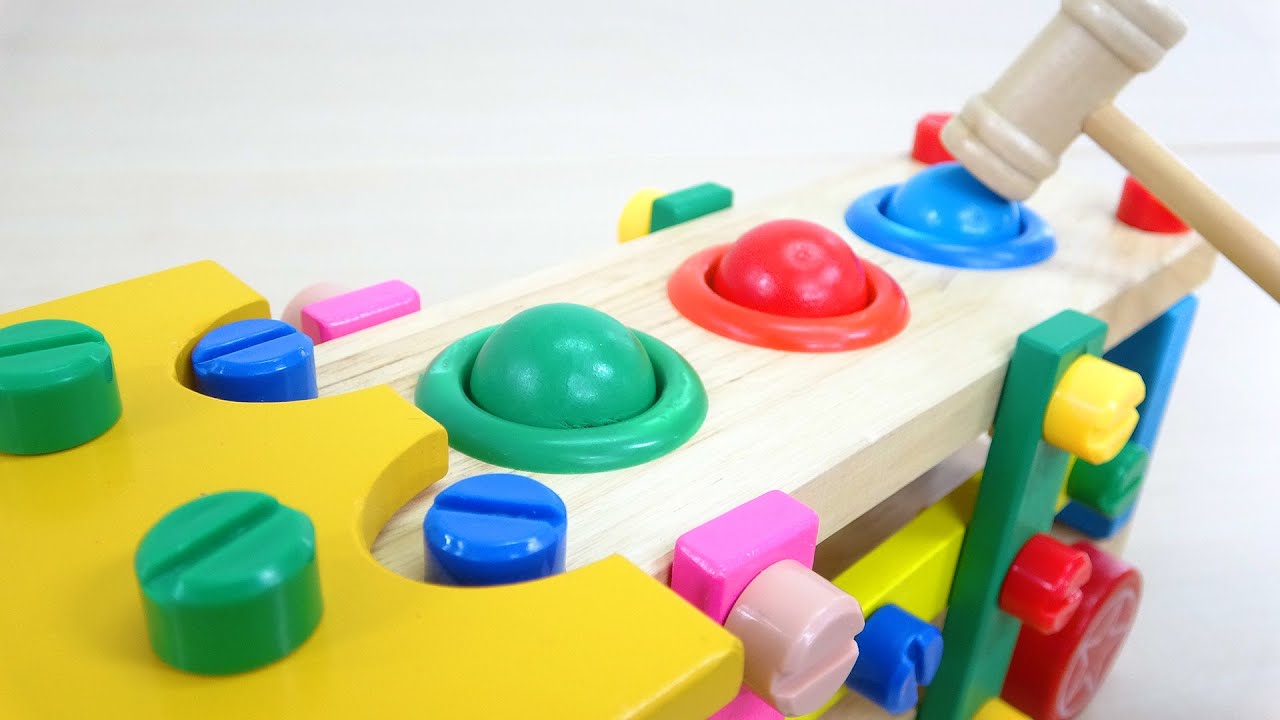 Knock the Ball with Hammer Wooden Toy 木のおもちゃ ハンマーでボールを叩いて落とす 組み立て式