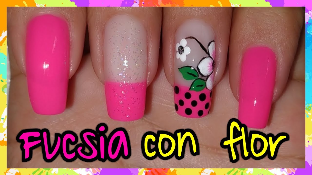 DECORACIÓN DE UÑAS FUCSIA CON FLOR BLANCA ♥♥♥ NailArt By Andy