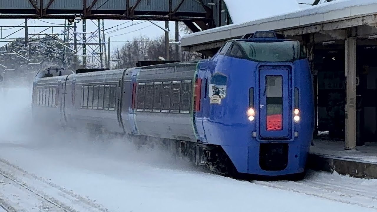 2026年1月の奈井江駅を通過する特急列車8列車［JR北海道/函館本線］ #JR北海道 #函館本線 #特急列車 # 789系 #キハ283系 #キハ261系 #通過 #雪煙
