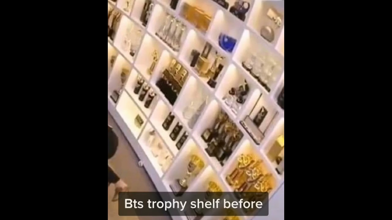 BTS trophy shelf before and after 😎😎😎😎