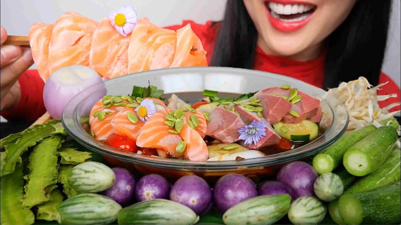 SALMON + HAMACHI + FRESH VEGGIES (ASMR EATING SOUNDS) NO TALKING | SAS-ASMR