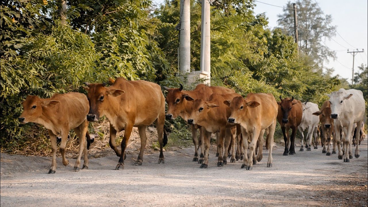 mengembala sapi lembu jinak berlarian dan berjalan bergerombolan mencari rumput di hutan pegunungan 