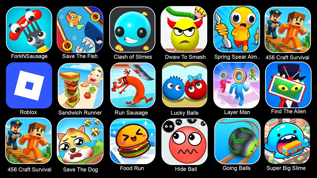 Craft Survival, Hide Ball, Food Run, Layer Man,Super Big Slime Black Hole 3D, Spring Spear Aim&Snap