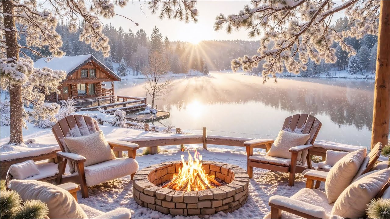 Calm Winter Sunrise by the Lake ❄️🔥 Soft Piano Music, Cozy Campfire & Nature Sounds