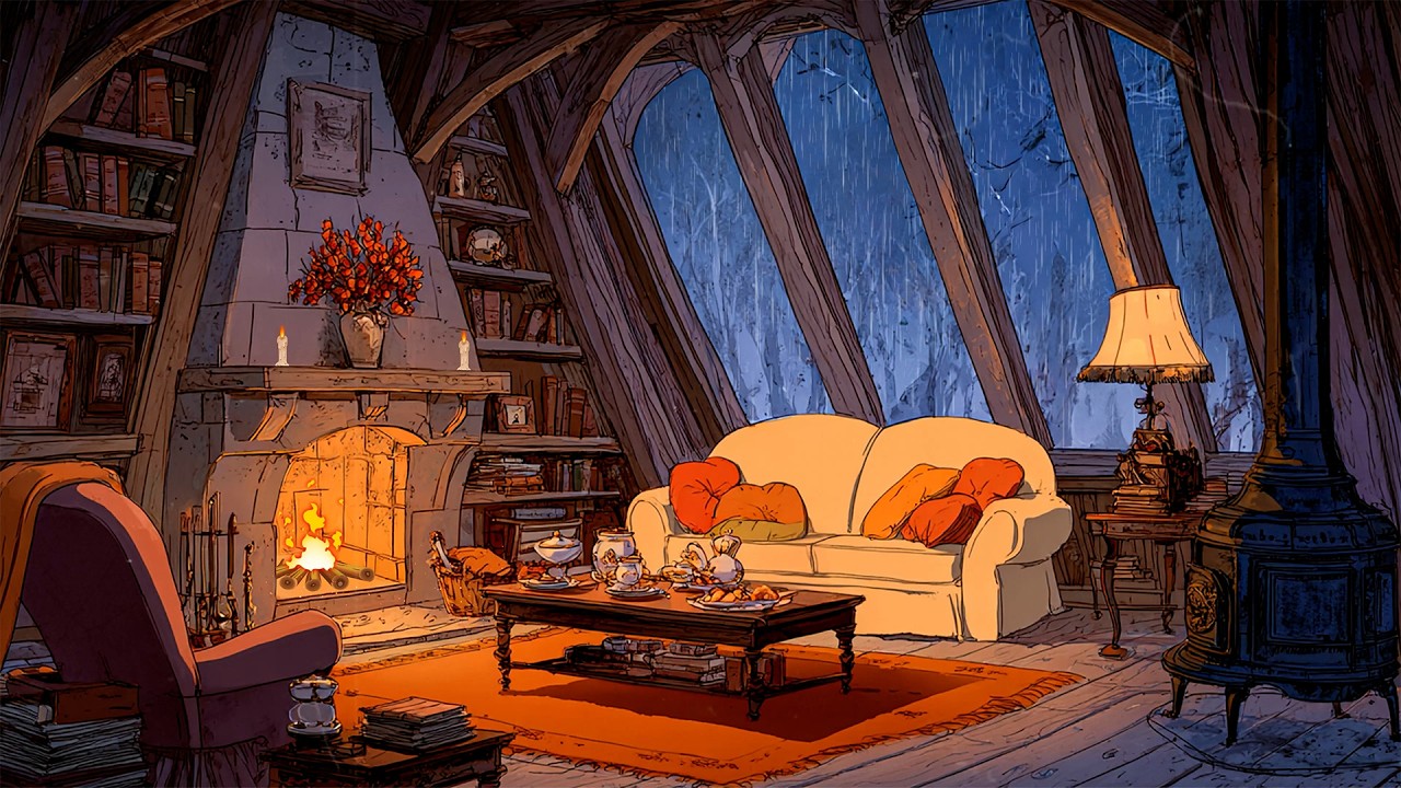 Nostalgic 1950s Rainy Night 🌧️ Oldies Playing in Another Room | Cozy Fireplace Crackle & Rainfall