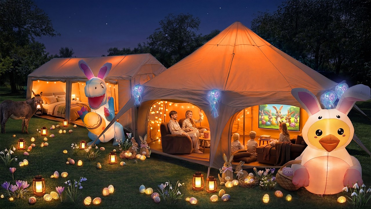 95&deg;F Easter Camping with Family🐰 Luxury 2-Room Inflatable Tent ✨Nature & Campfire ASMR