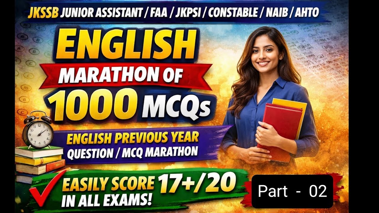 Part-02 English Marathon of 1000 mcqs// Easily score full marks in Junior Assistant/FAA/JKPSI/ SSC 