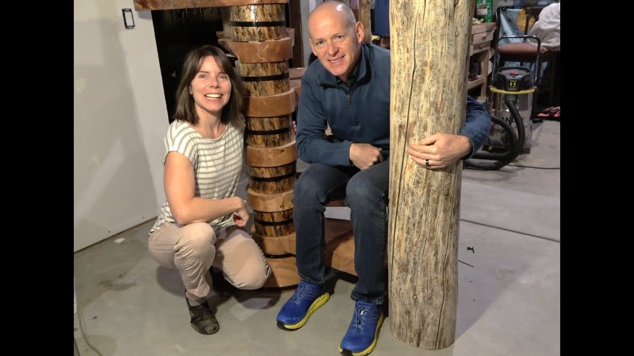 Handcrafted Log for Wood Spiral Stairs from Tree to Newel Post
