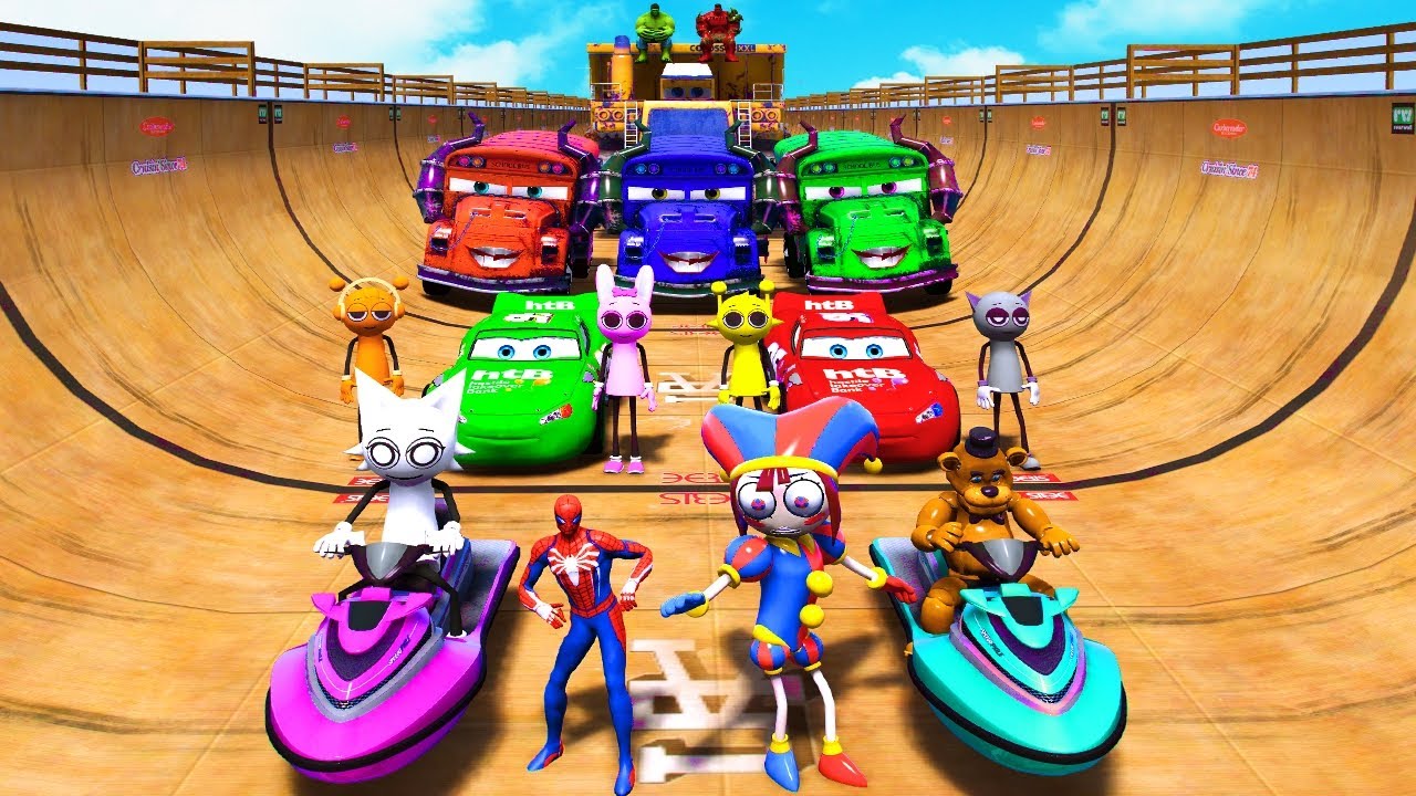 GTA V SPIDER-VERS: FNAF, THE AMAZING DIGITAL CIRCUS, SUPERHEROES Join in Epic Stunt Race MEGA RAMP