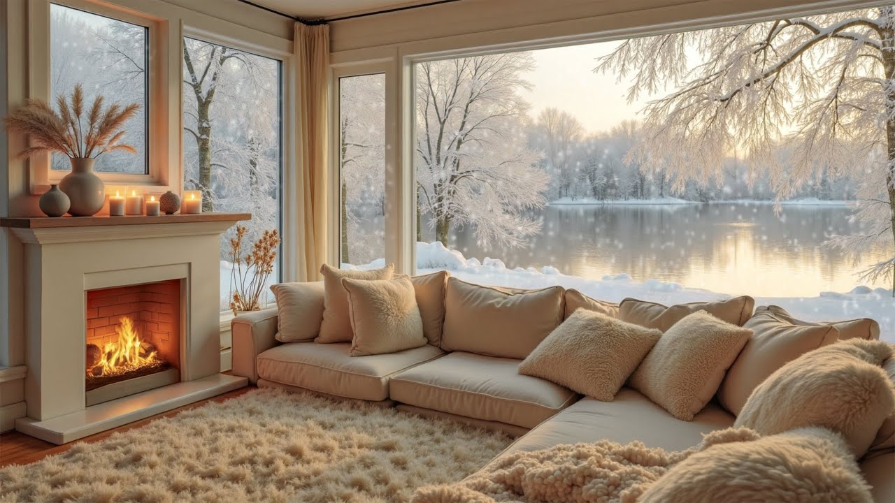 Winter Lake Morning Ambience ❄️ Gentle Piano, Fireplace & Soft Snowfall for Relaxation & Sleep