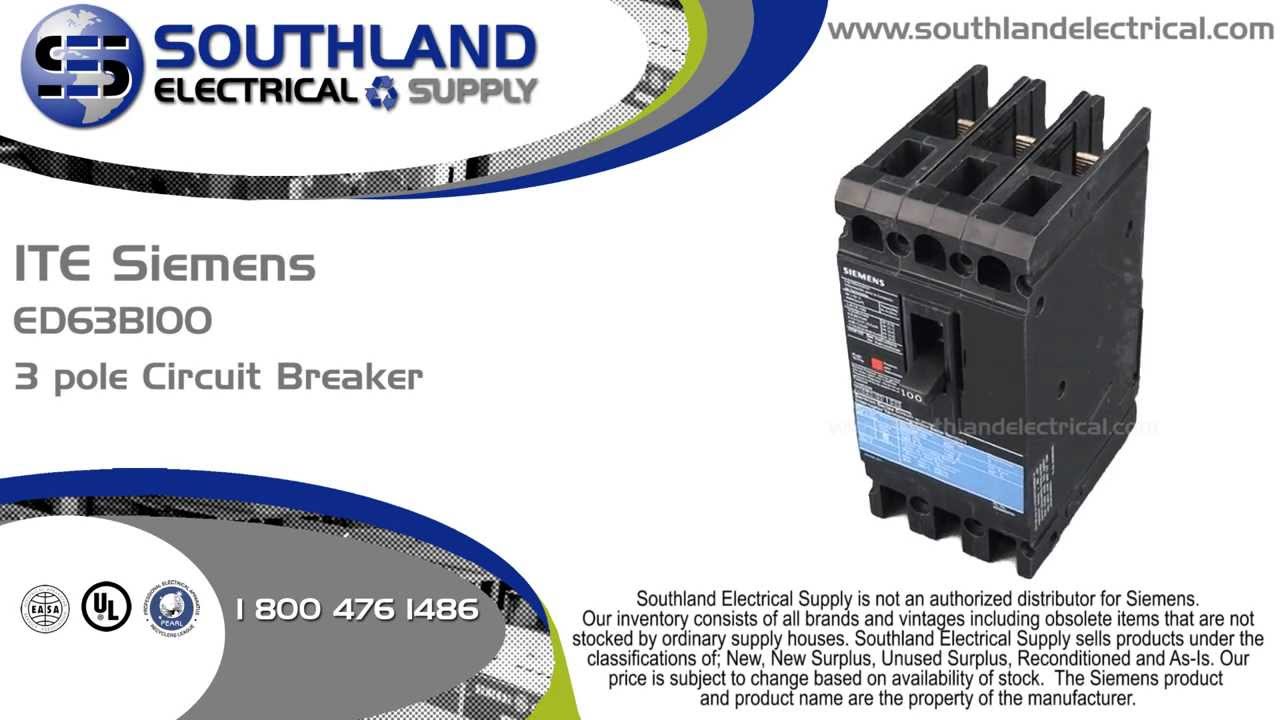 ITE Siemens ED63B100, 100 Amp, 600 Volt, 3 Pole Circuit Breaker