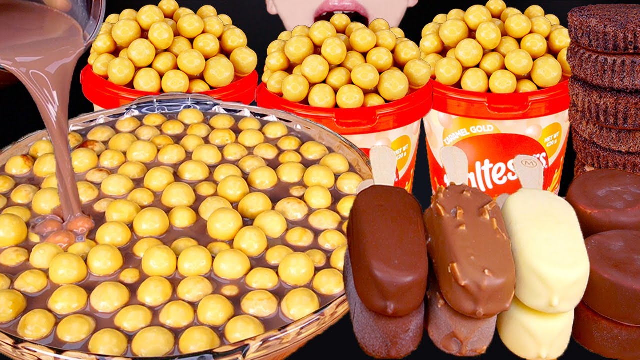 ASMR GOLD MALTESERS CHOCOLATE MILK MAGNUM ICE CREAM OREO CAKE NUTELLA DESSERT MUKBANG먹방EATING SOUNDS