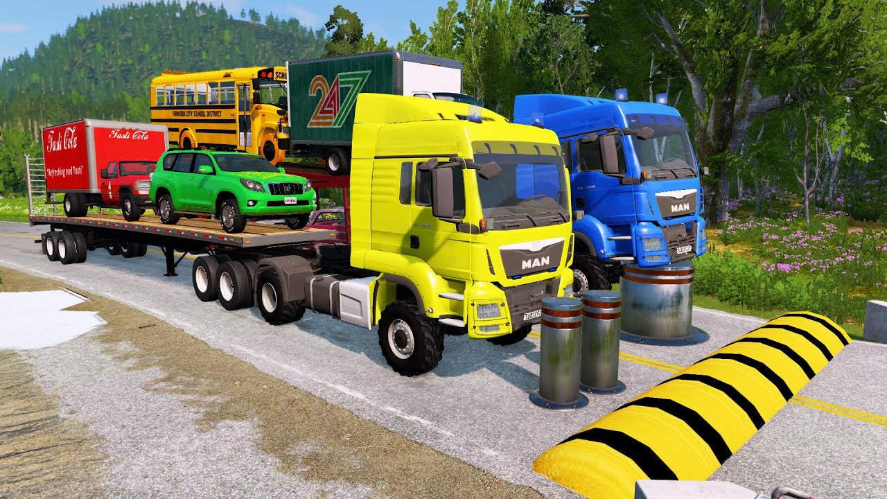 Double Flatbed Trailer Truck vs Speedbumps Train vs Cars Beamng.Drive 59
