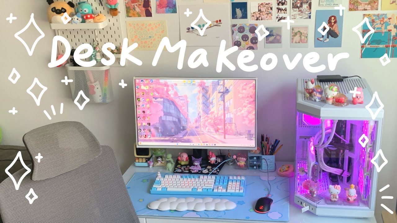 Desk Makeover 🩵 Flexispot Standing Desk and Chair, cute blue aesthetic
