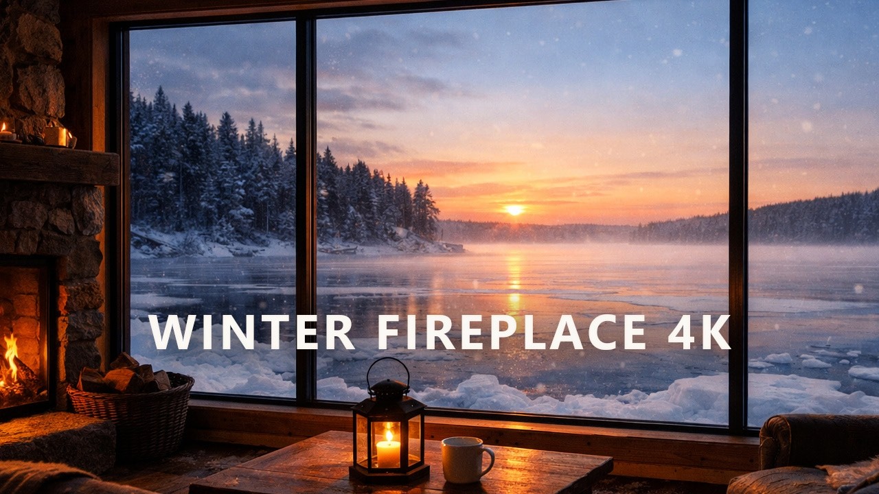 Winter Fireplace 4K - Snowfall & Calm Ambient Music