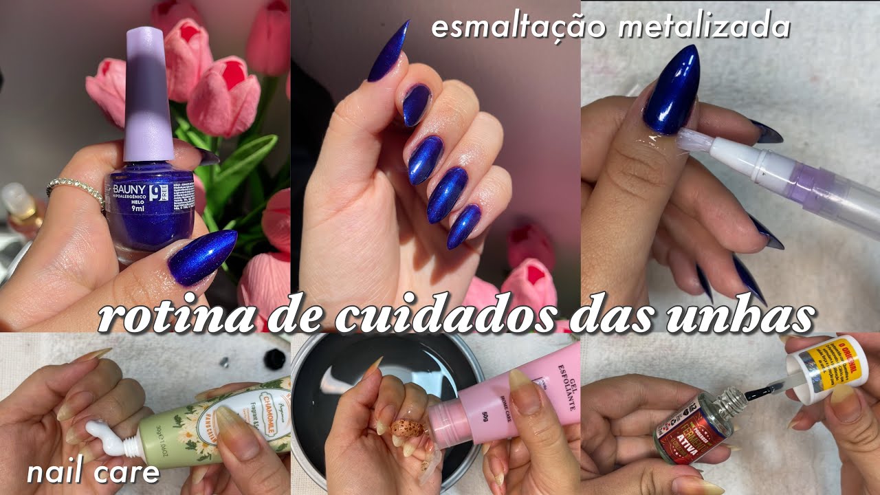 MINHA ROTINA DE CUIDADOS DAS UNHAS| Nail care com dicas para crescimento + esmalta&ccedil;&atilde;o metalizada💙💅🏻