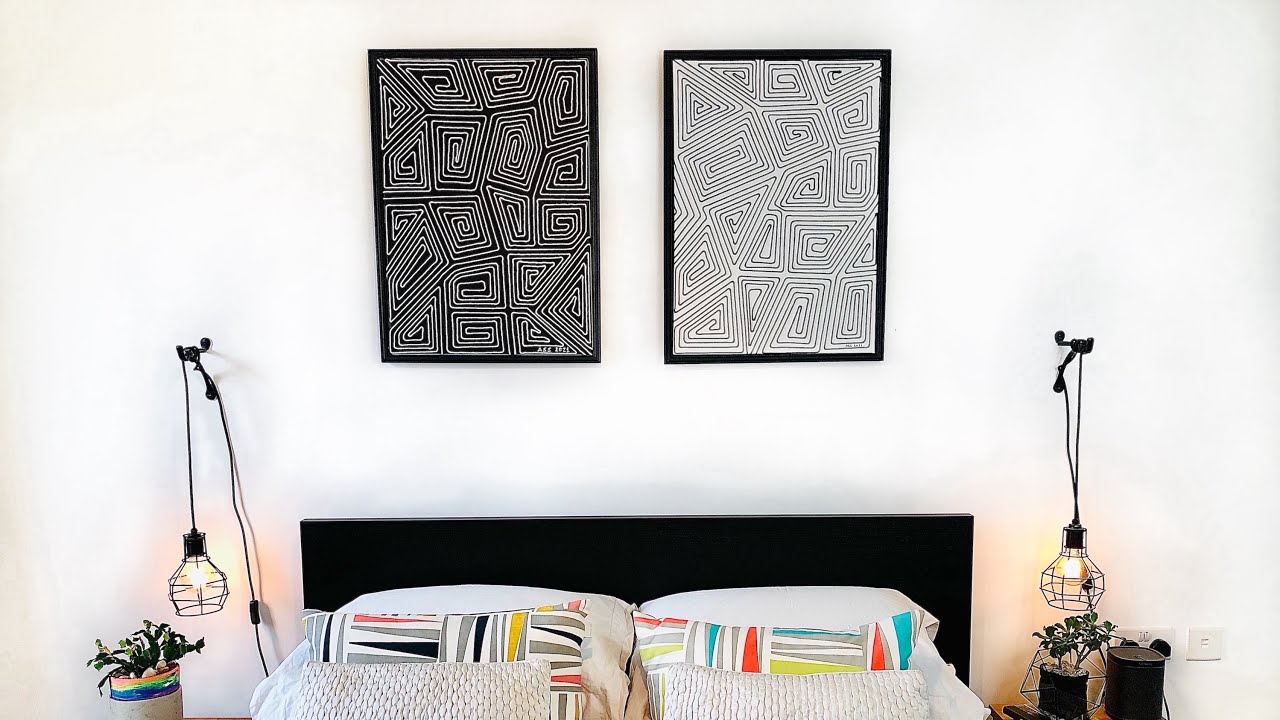 DIY: black white geometric wallart | macrame cord on canvas