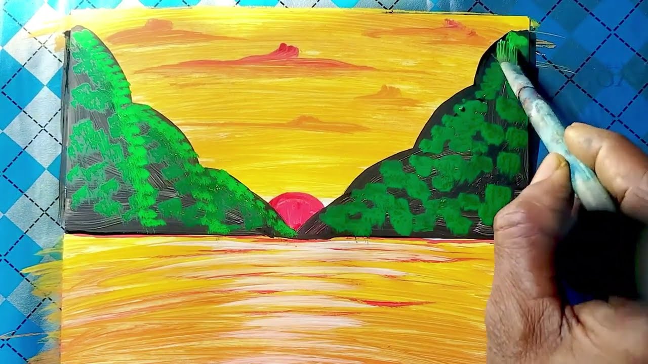 How to Draw a Beautiful Sunset Over Green Hills | Easy Sunset Scenery Drawing for Beginners 🌅