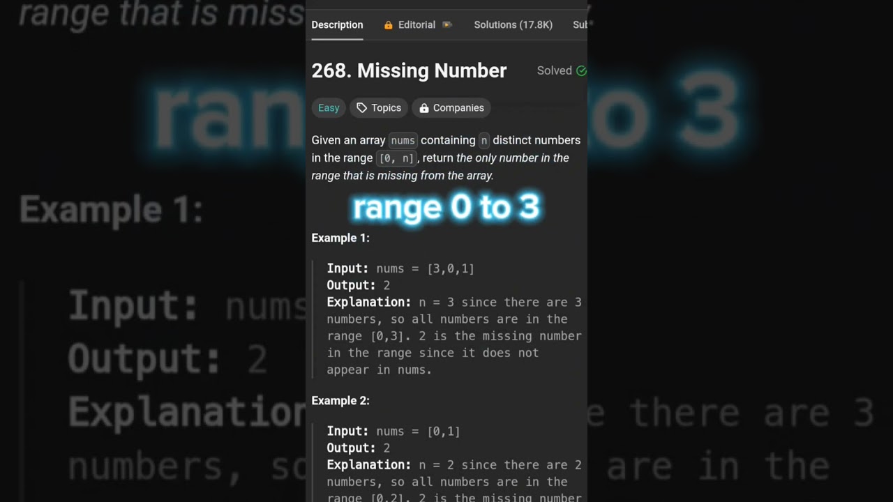 Leetcode 268. Missing Number #leetcode #dsa #education #problemsolving #python #interview #tamil