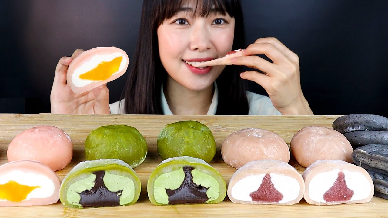 ASMR 쿠캣마켓 신메뉴 복숭아쏙 찹쌀떡🍑 먹방 ft.딸기쏙우유 초코쑥녹차 흑임자절편 디저트 먹방 | Chapssaltteok Dessert MUKBANG