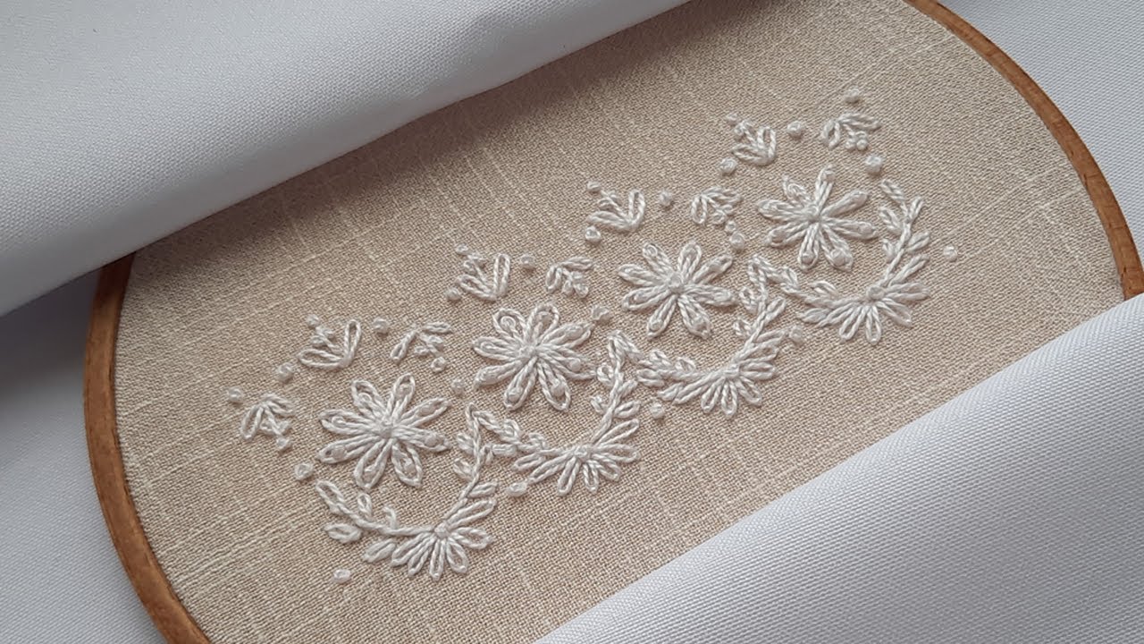 White Embroidery Tutorial - Lazy Daisy Flower Border Line