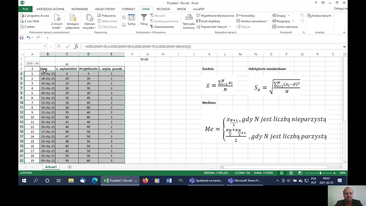 Średnia, mediana, odchylenie, dominanta (szereg prosty). Statystyka z programem Excel, odc. 2